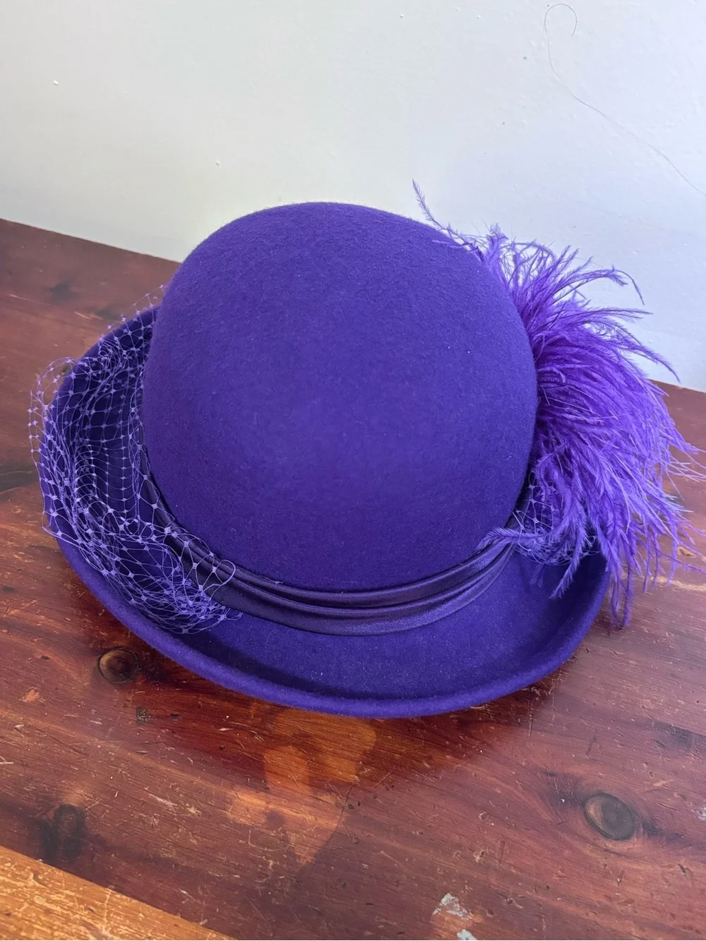 Vintage Purple Feather Trim Felt Cocktail Hat with Net Veil & Ostrich Feather